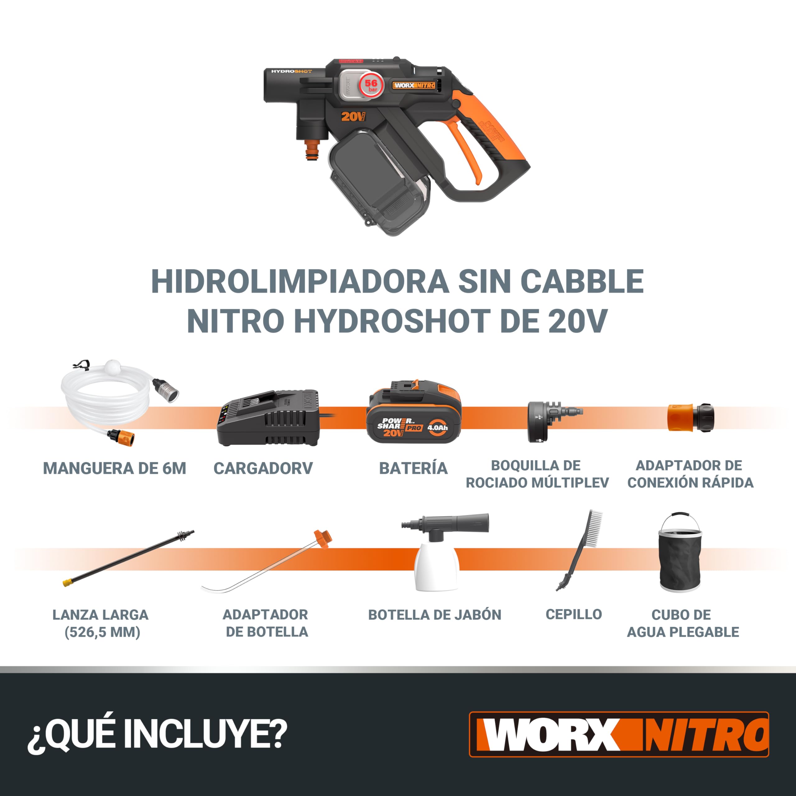 Hidrolimpiadora sin Cable Hydroshot de 18V (20V MÁX) Nitro WORX WG633E.1, PowerShare, Limpieza de terrazas y Lavado de Coches, máx. 56 Bares, 220L/H, con Accesorios, batería de 4,0Ah y Cargador