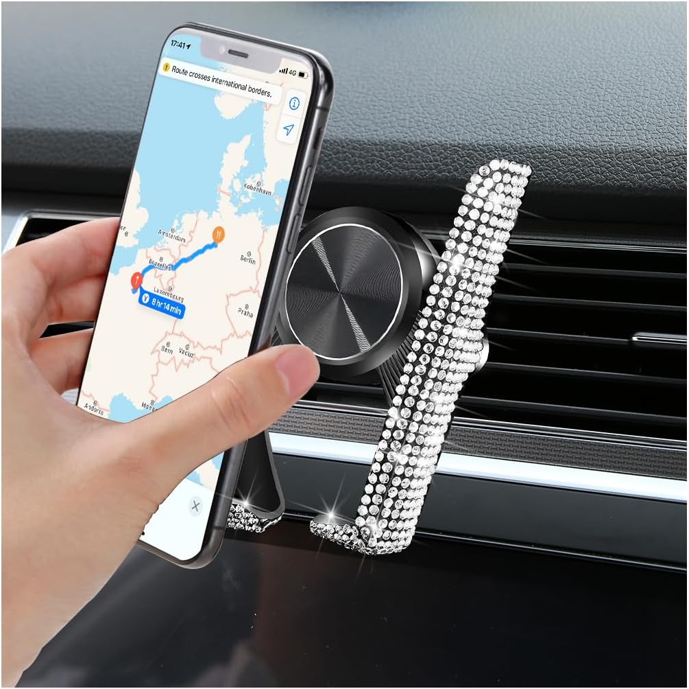 HZEL Bling Car Phone Holder, Crystal Rhinestone Vehicle Dash Air Vent Mobile Phone Stand, Sparkling Diamond Automotive Interior Vent Cellphone Mount, Universal for Most Smartphones (White)