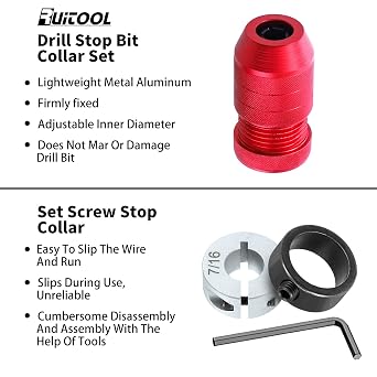 RUITOOL Drill Depth Stop for Drill Bits, Adjustable Drill Stop Applicable Drill Size Range 5/64-3/16,15/64-7/16, Aluminum Drill Bit Stop Collar Set for Woodworking Tools & Hand Tools, 2 Pcs