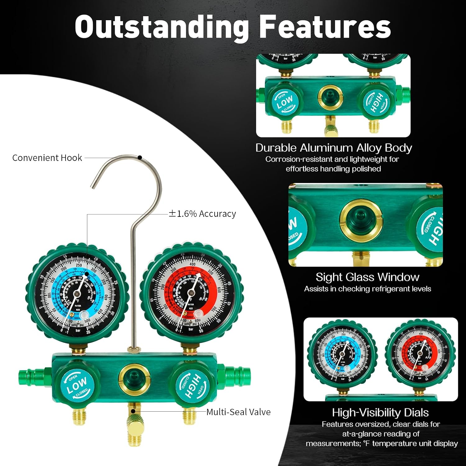 PB Motor Tech 3 Way AC Manifold Gauge Set for R134A, R410A, R22, R404A Refrigerants, with Aluminium Valve, Quick Couplers, 410 Adapter, Two Can Taps, Hoses, for Automotive AC Maintenance (Green)