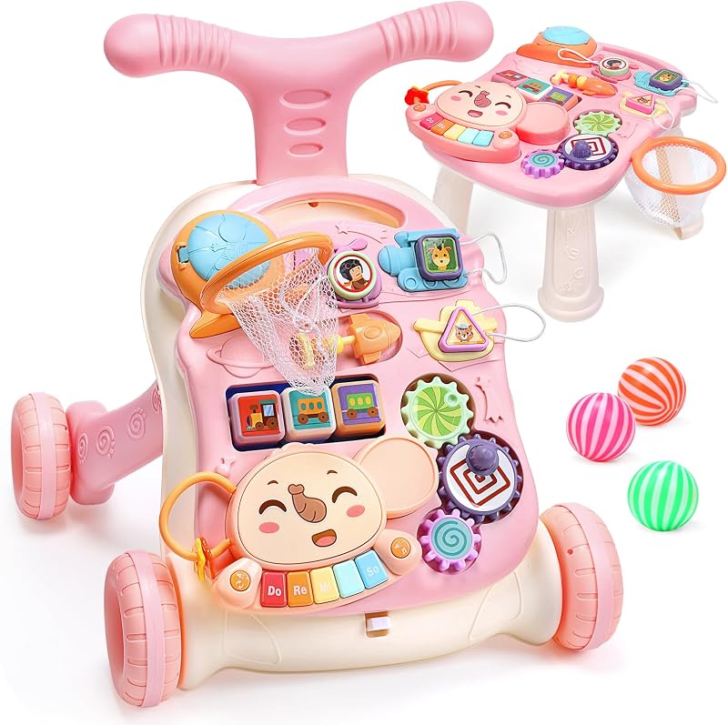 2-in-1 Baby Walker for Girls, Toddlers Learning Walker, Early Educational Push Walking Toys with Detachable Activity Center for Infants 12+ Months
