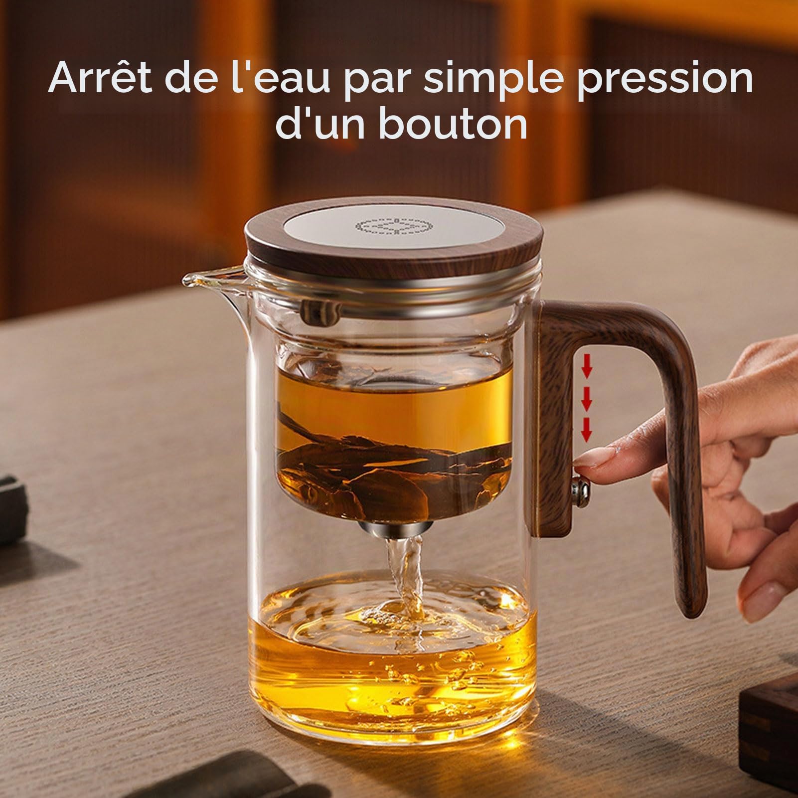 Théière, Théière en Verre de Séparation D'eau de 800 Ml avec Infuseur, Poignée en Bois, Interrupteur Magnétique, Théière en Verre Transparente, Bouilloire à thé pour la Maison