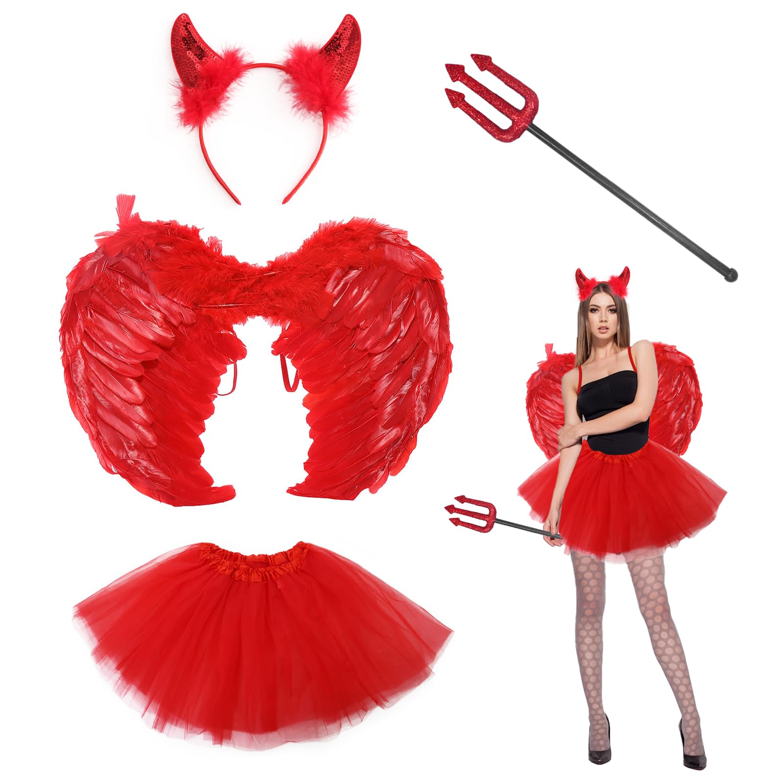 Carreuty 4 Pcs Red Devil Costume for Women Halloween Angel Wings Fancy Dress Sets with Devil Wings Red Tutu Trident Fork Prop Devil Horns Headband