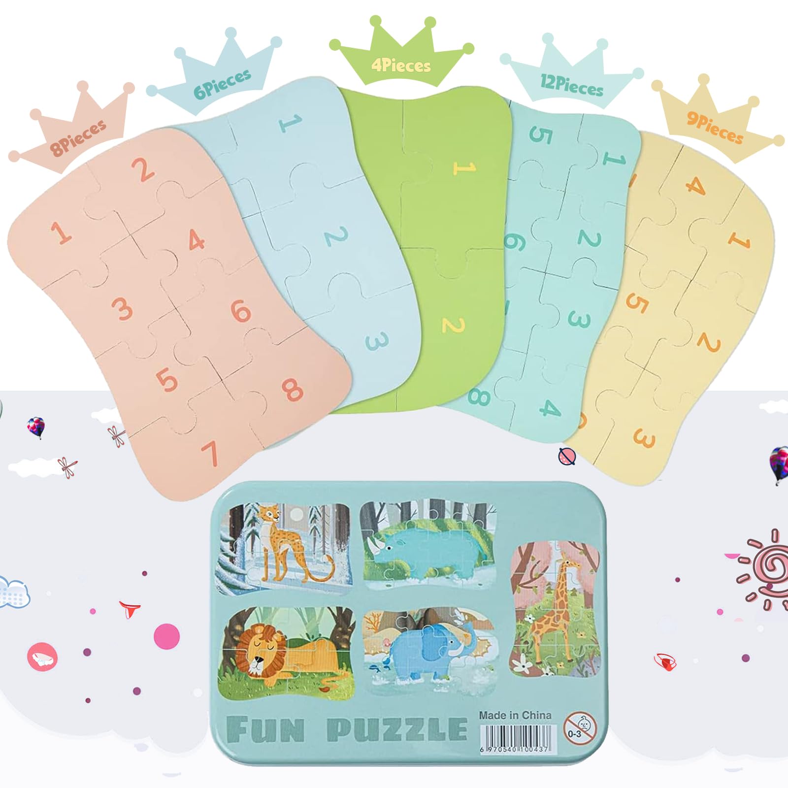 BBLIKE 5-in-1 Tierpuzzles Für Kinder 3-6 Jahre – Mit Eisenbox, 5 Tiermotive, Holz-Karton