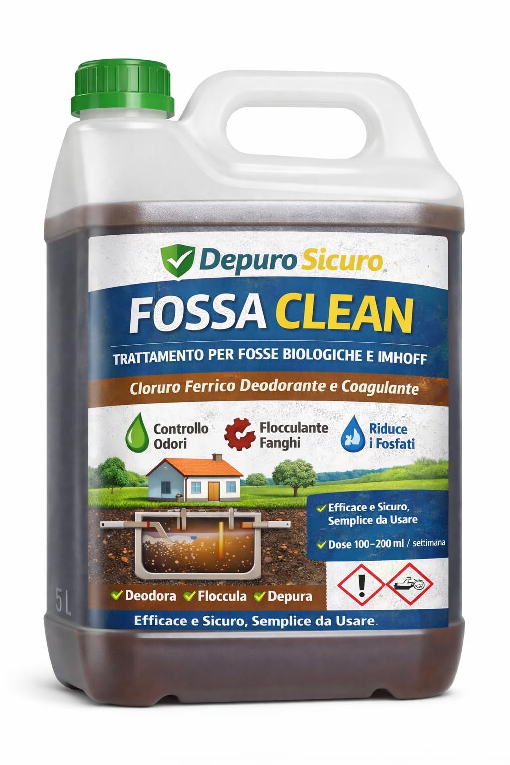 FossaClean Cloruro Ferrico per Fosse Biologiche e Vasche Imhoff Elimina Odori (H₂S), Flocculante Fanghi Riduttore Fosfati 5 kg Disgregante Concentrato Uso Professionale e Domestico