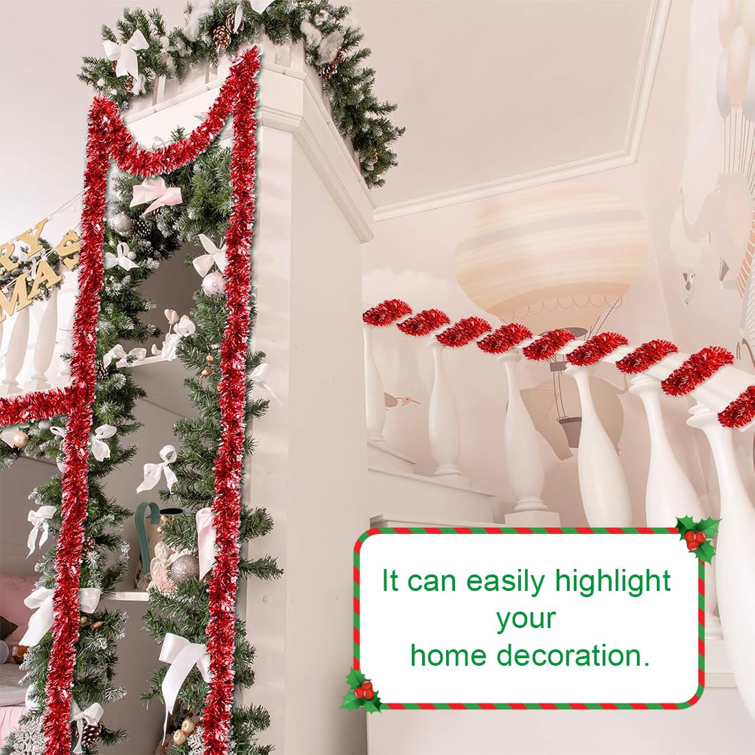 4 Piezas Espumillón de Navidad, Metálico Oropeles Brillantes Decoración, 2M, Guirnalda Brillante Metálica Decoraciones, para Árbol de Navidad Boda Fiesta Festival, Rojo