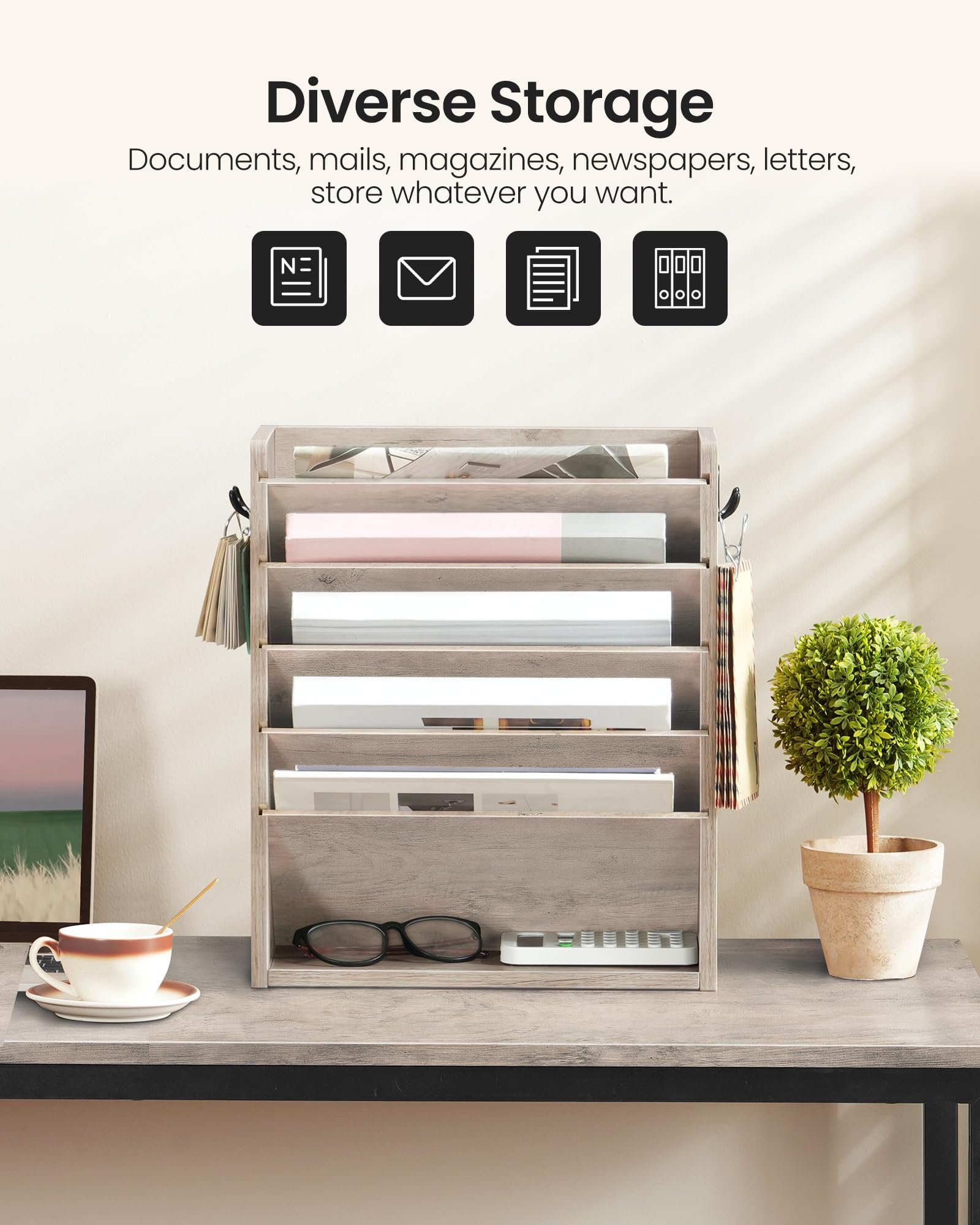 CHOEZON Porte-Documents mural 6 niveaux Organisateur magazines bois d’ingénierie avec crochets Gris