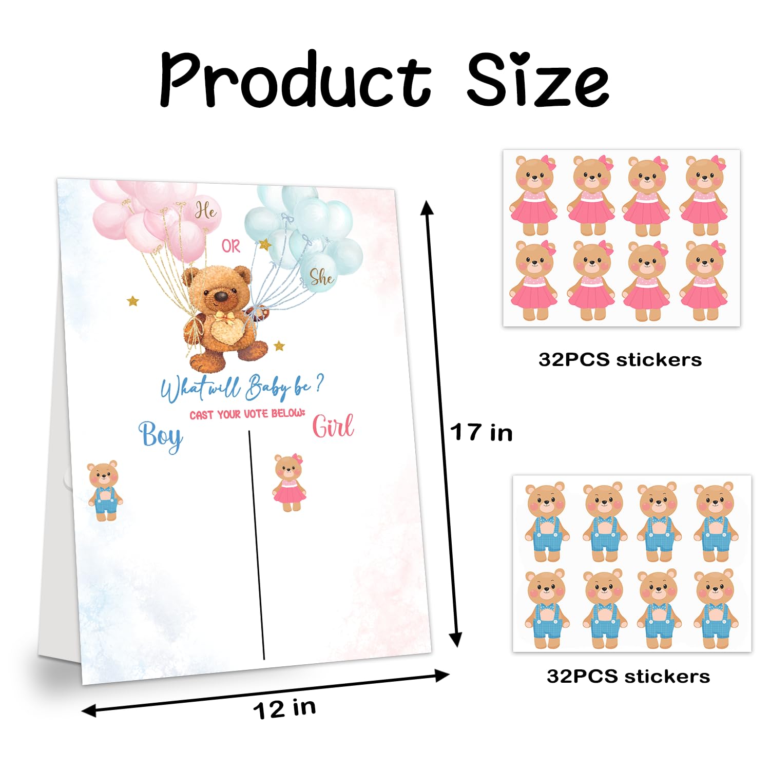 Baby shower Games, Gender Reveal Signature Sign Board with Stand, 60 Bear Pink Blue Boy or Girl Voting Stickers, Cast Your Vote Game for Guests, for Baby Shower Party