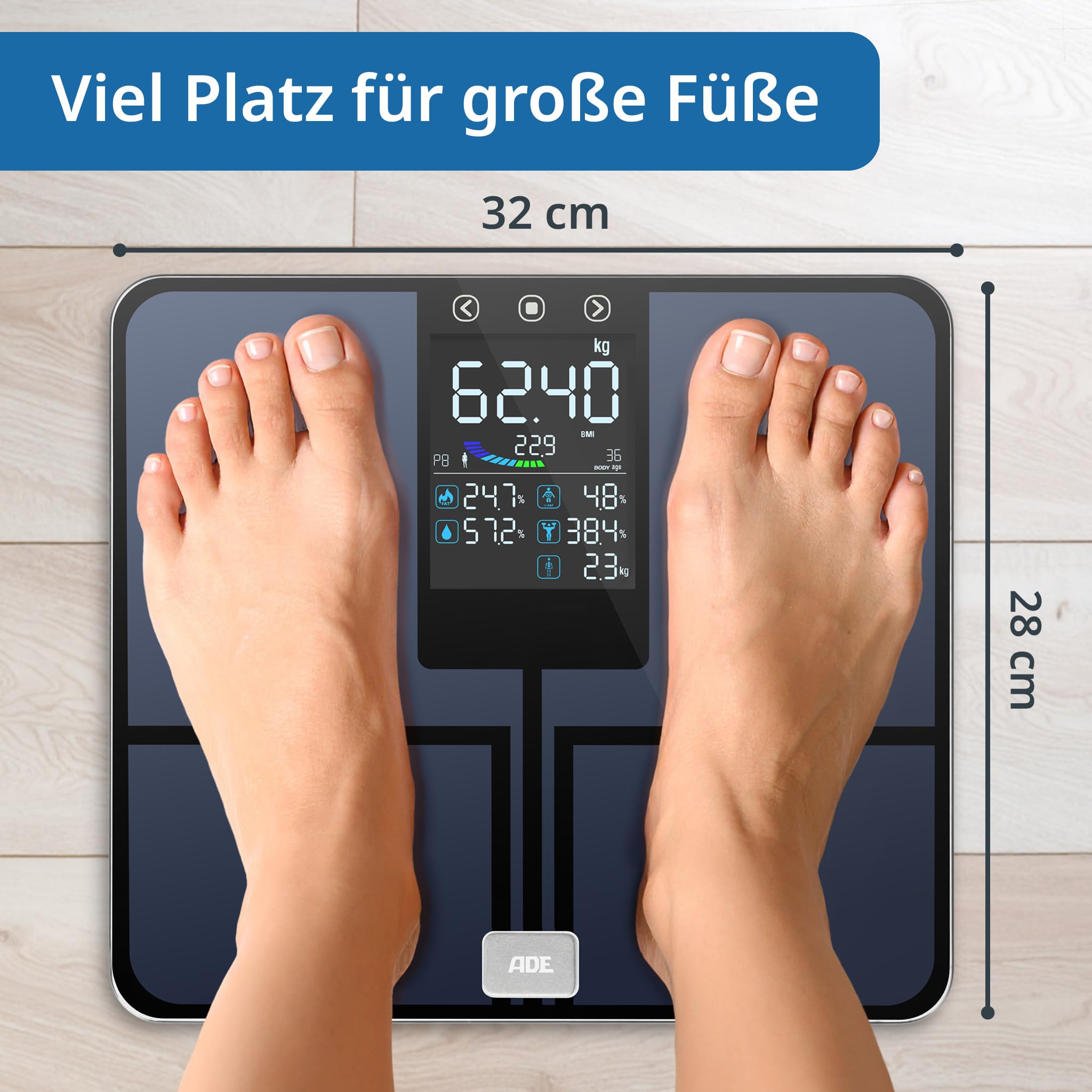 ADE Digitale Körperfettwaage mit großem Farbdisplay | alle Werte auf einen Blick | Körperanalysewaage bis 200 kg | Waage mit Körperfett und Muskelmasse | 8 Speicherplätze und Nutzererkennung | blau