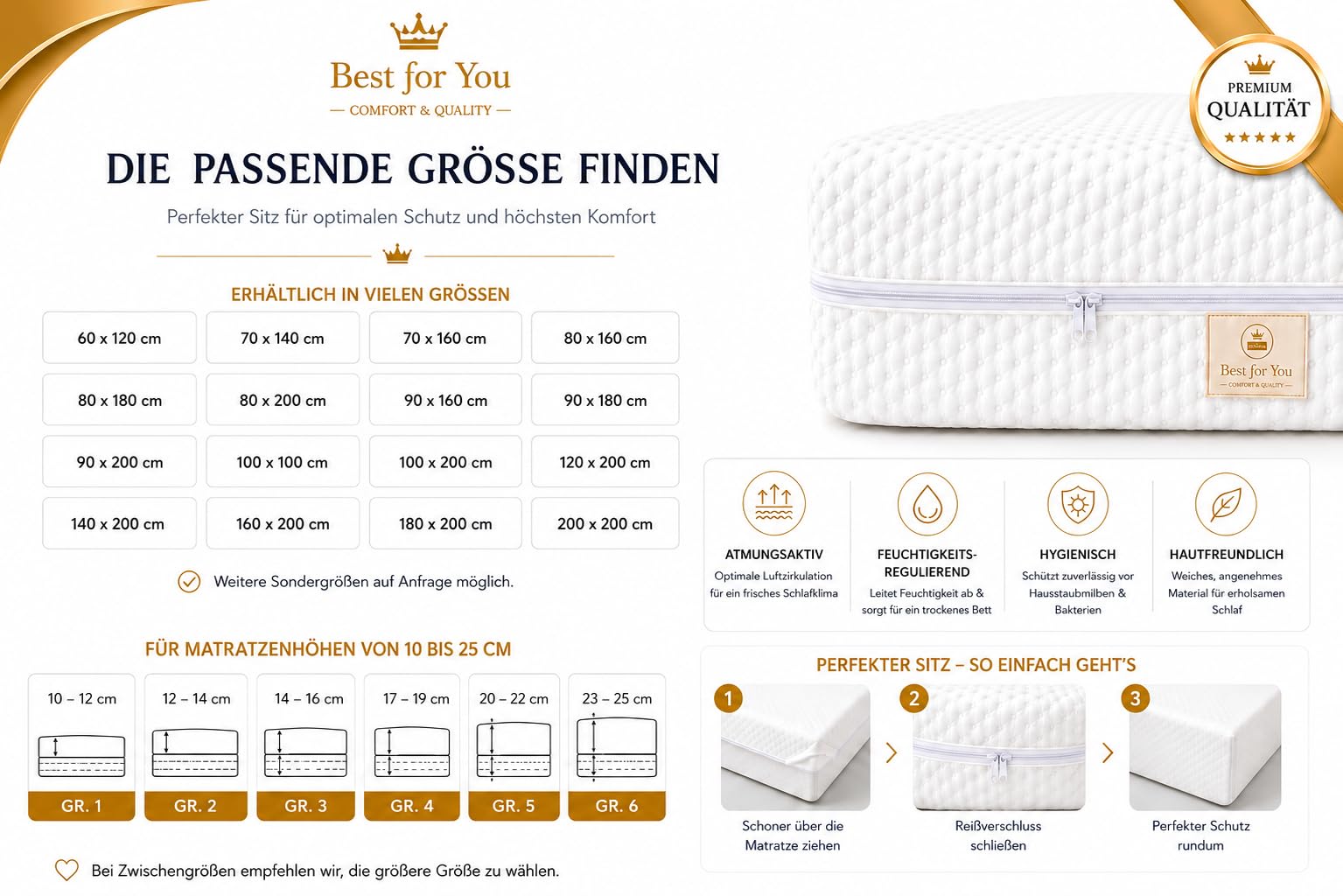 Best For You Matratzenbezug 10 cm Easy Active Cool für Allergiker geeignet 3-seitiger Reißverschluss Bezug für Matratzen von 60x120x10 bis 200x200x10 cm (160x200)