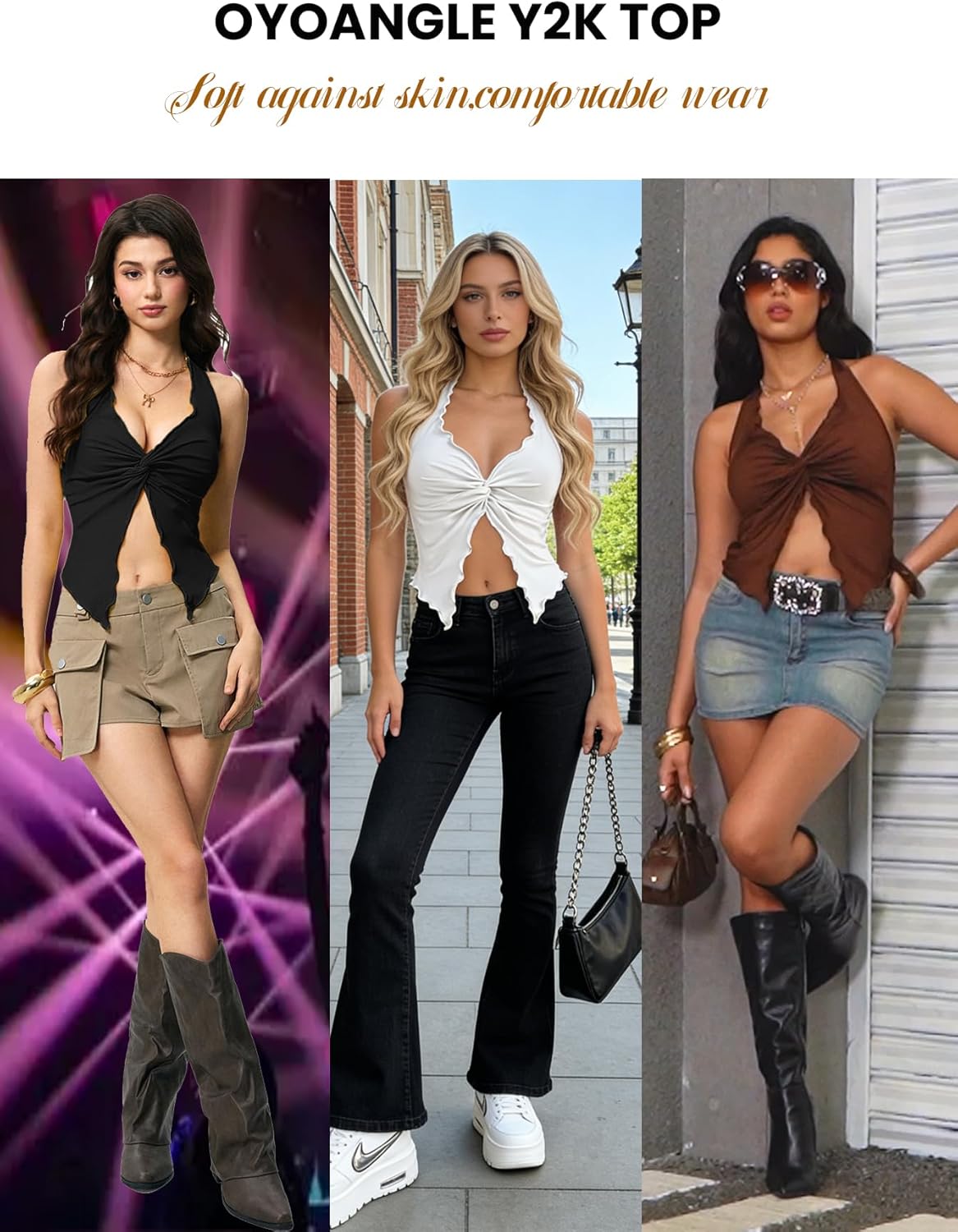 OYOANGLE Women's Going Out Top Y2K Twist Front Slit Halter Sexy Crop Tank Top Rave Club Wear - Image 6