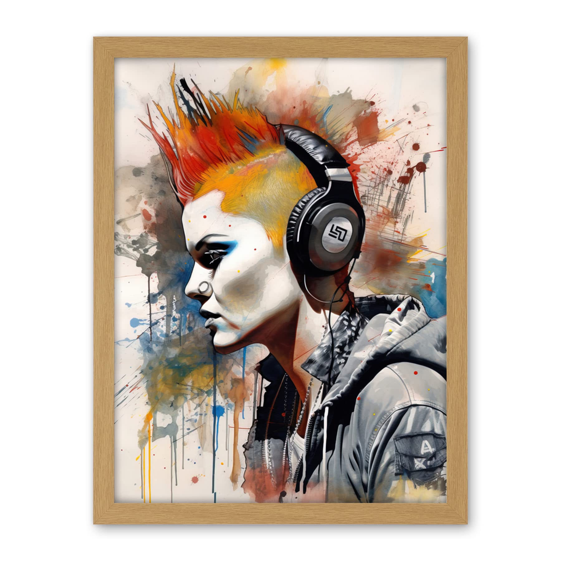 Artery8 Edgy Young Punk Woman with Red Mohawk and Headphones Listening to Music Modern Watercolour Painting Artwork Framed Wall Art Print 18X24 Inch