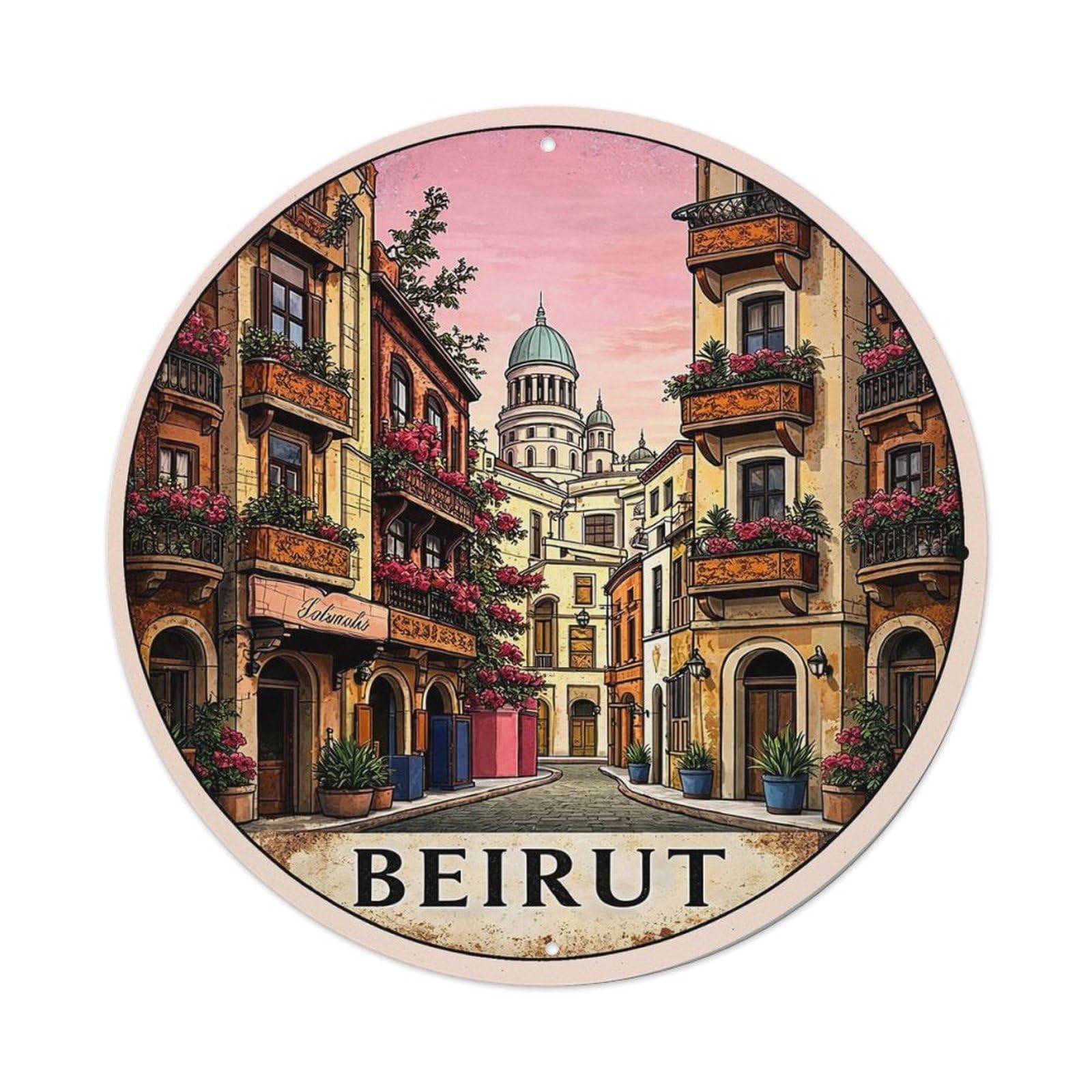 Beirut Street Scene With Balconies And Flowers Metal Tin Sign Plaque