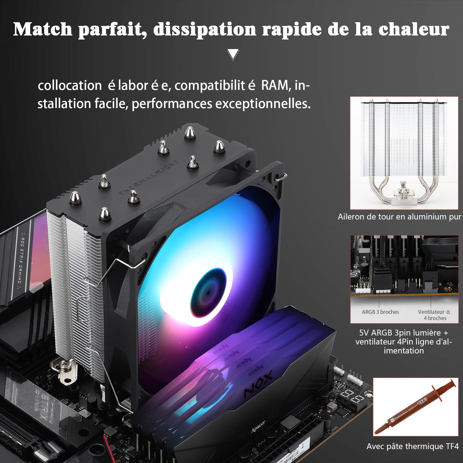Thermalright AssassinX120 SE ARGB Refroidisseur d'air CPU ventilateur silencieux, AX120, 4 caloducs, TL-C12C-S PWM avec roulement S-FDB, pour AMD AM4 Intel 1150/1151/1200/1700
