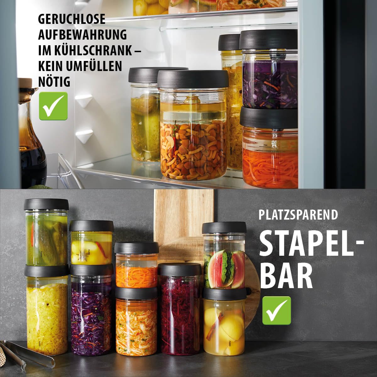 GEFU Fermentiergläser NATIVO 2er Set - 0,5L & 1L, inkl. Beschwerungsgewicht, Fermentationsglas mit Gewicht und Deckel, transparent, zum Einlegen