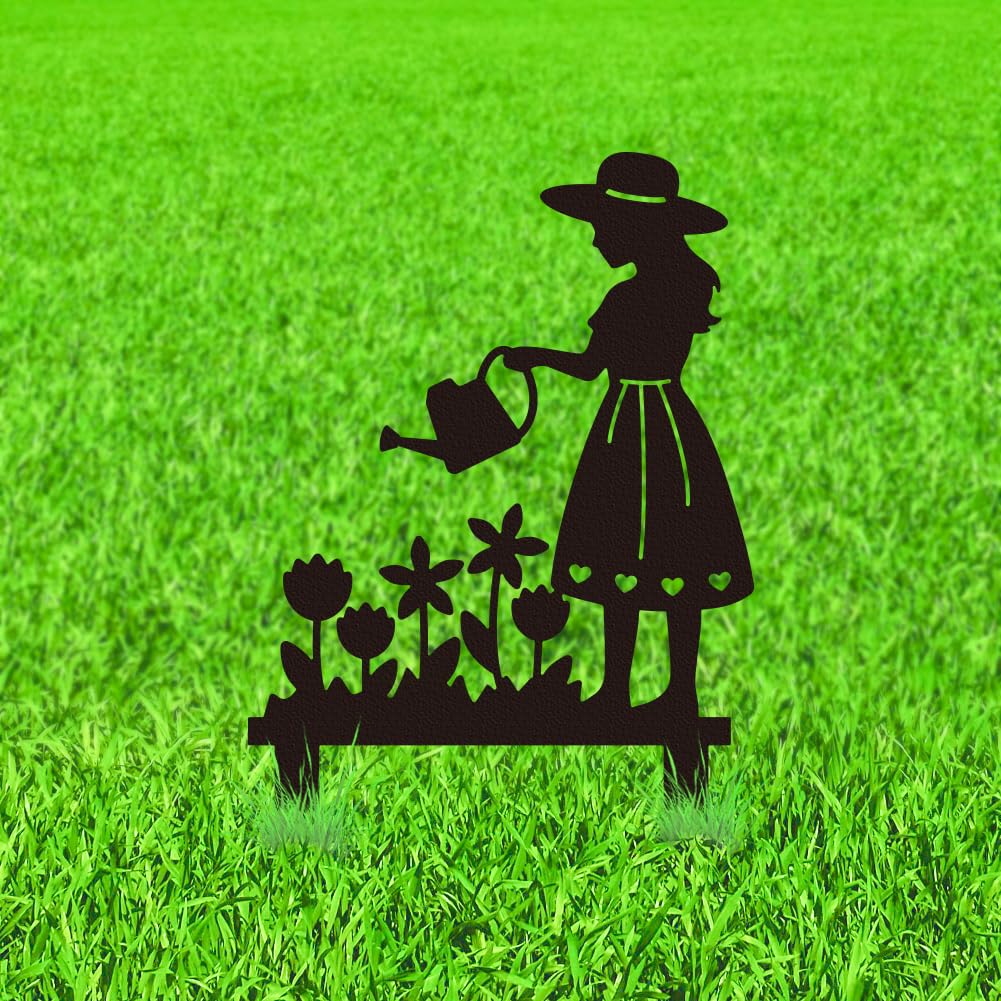 WADORN Girl Waters the Flowers Metal Decorative Garden Stakes, Black Elegant Gardener Girl Outdoor Statues Silhouette Flowers Plants Stakes Ornaments for Yard Art Garden Patio Backyard Lawn Decors