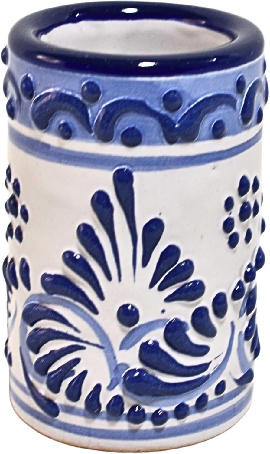 MAREY Mexican Pottery Shot Glasses | Talavera Poblana | Talavera Pottery | Set of 6 Pieces | 100% Handmade | Tequila Cups (Blue & White, 2 Oz.)