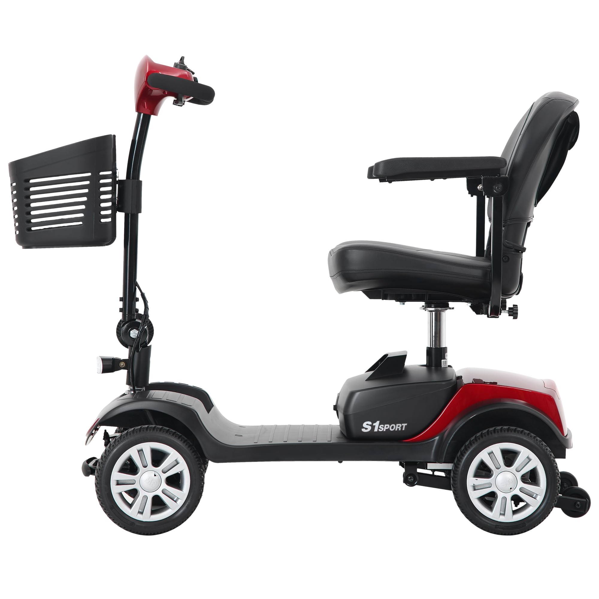 Elettromobile pieghevole per anziani e anziani, scooter compatto a 4 ruote, motore da 300 W, portata 15 km, sedile girevole a 360° + luci a LED (rosso)