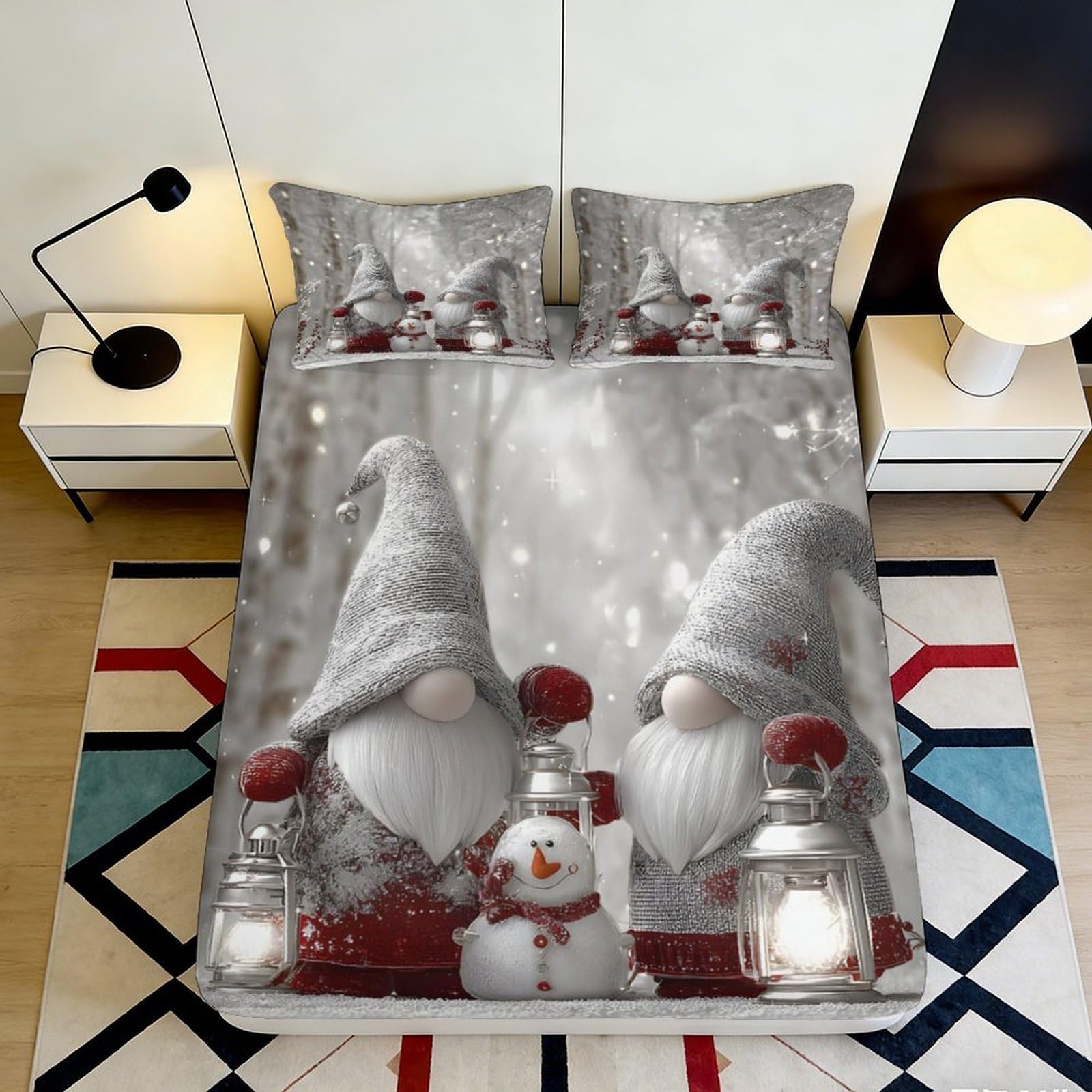 3D Printed Nordic Gnome Fitted Sheet Microfiber Grey Red Christmas Lantern Bed Cover for Bedroom Guest Room Dorm Decor 90x200x25cm