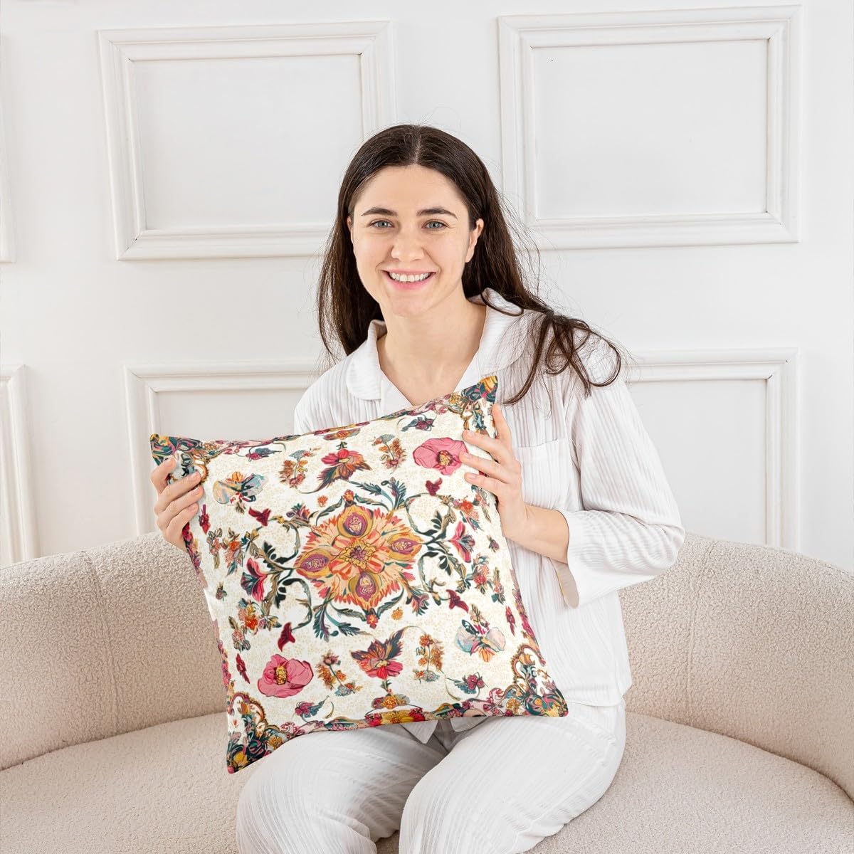 Pack of 4 Exotic Floral Throw Pillow Covers 18x18, Boho Pillow Covers, Bohemian Floral Exotic Tribal Cushion Covers, Abstract Gold Red Flowers Botanical Plant Cushion Cases for Girls