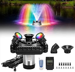Floating Pond Fountain, 750W 110V 15,000 GPH Pond Pump with 4 RGB Lighting, 100-Foot Power Cord for Small & Large Ponds, Lakes
