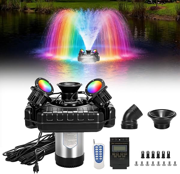 Floating Pond Fountain, 750W 110V 15,000 GPH Pond Pump with 4 RGB Lighting, 100-Foot Power Cord for Small & Large Ponds, Lakes