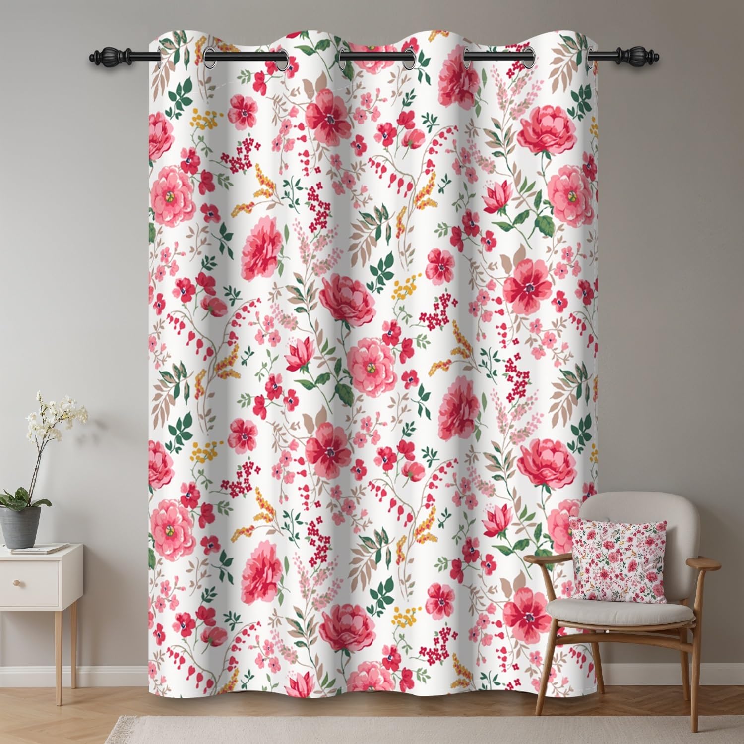 135x245cm Rideau à œillets fleuri Rose Fleuri Esthétique Botanique Fermière Style champêtre Rideaux isolants Thermiques Oeillets Occultants Rideaux pour Chambre de fille Salon,1 panneau simple