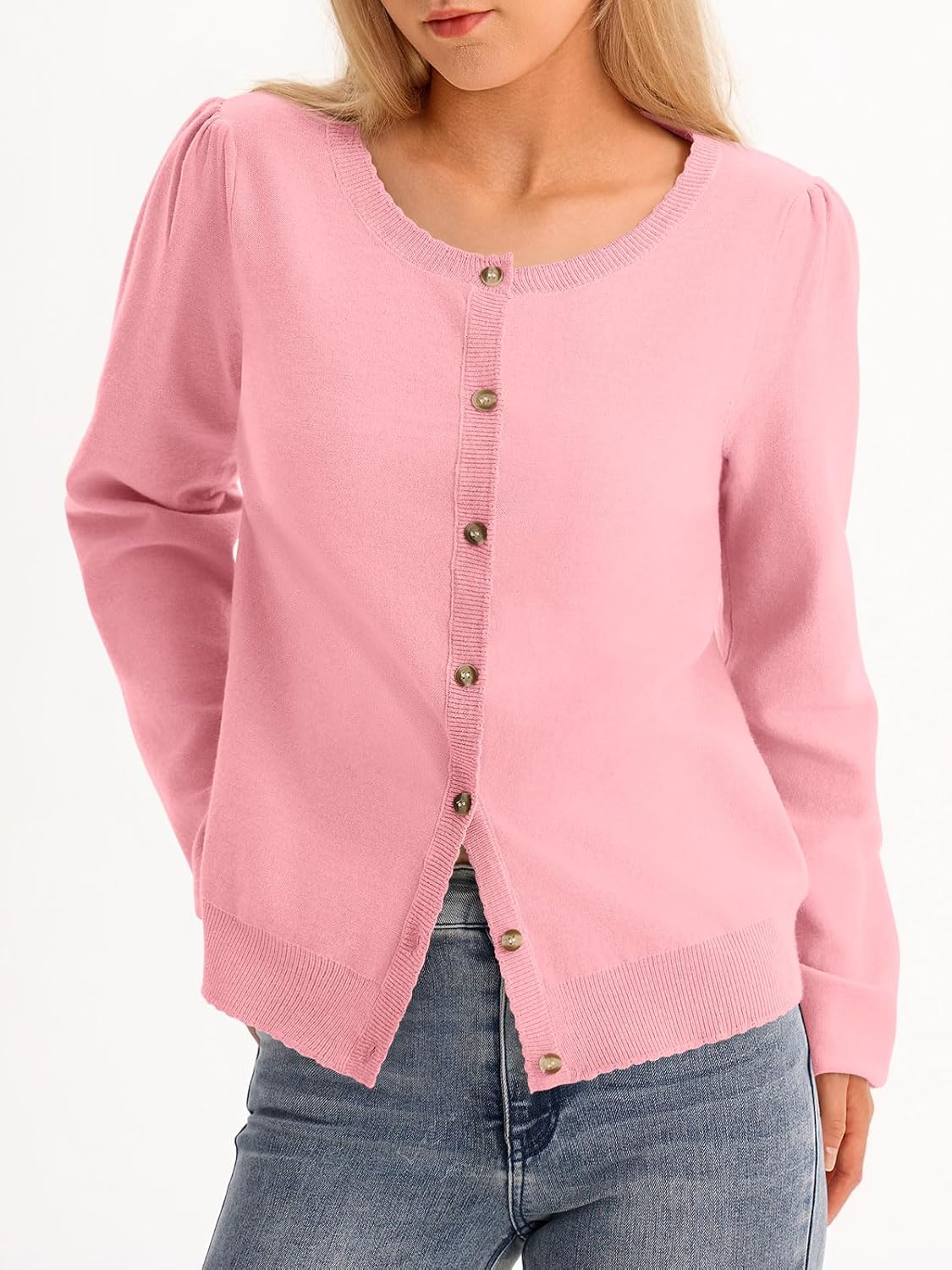 Saodimallsu Womens Puff Long Sleeve Cardigan Sweaters Fall Button Down Lightweight Knit Crew Neck Sweater Shirts - Image 3