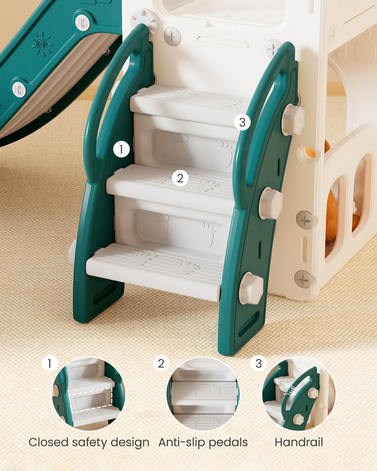 Tobogán Infantil, 5 en 1 Tobogán para Niños Interiores y Exteriores, con Aro de Baloncesto Espacio de Almacenamiento y Telescopio para Niños a Partir de 1 Año, Verde