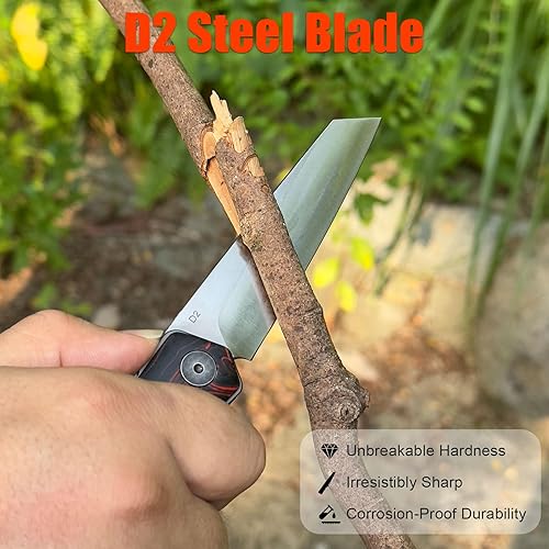 Miniatura 6 de KATSU Cuchillo japonés de bolsillo plegable, mango G10, cuchillo EDC con hoja de acero D2, funda de cuero