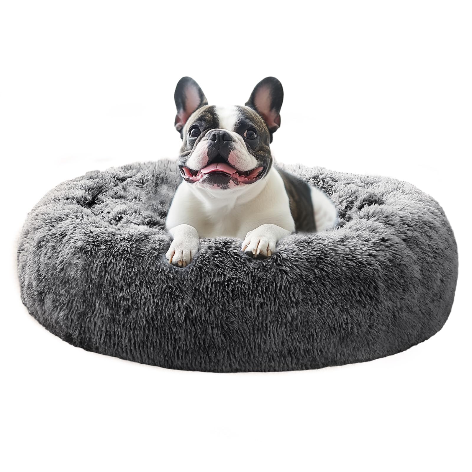 JOLLYVOGUE Calming Dog Bed Medium Size Dog, 31in Donut Washable Medium Pet Bed, Anti-Slip &amp; Anti-Anxiety Fluffy Faux Fur Round Dogs Bed, Fits up to 45 lbs Pets (Smoke Black)