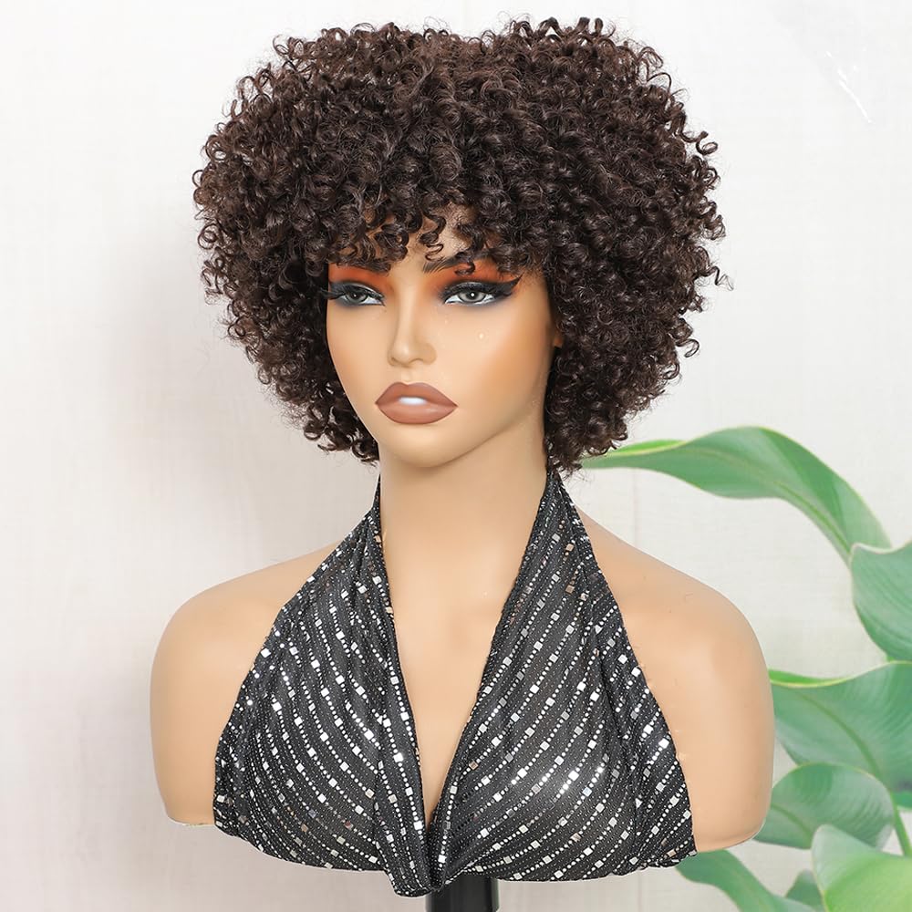 UGORGEOUS Medium Brown Synthetic Curly Wigs For Black Women Short Curly afro Wig With Bangs Synthetic Hair Heat Resistant African American Wigs