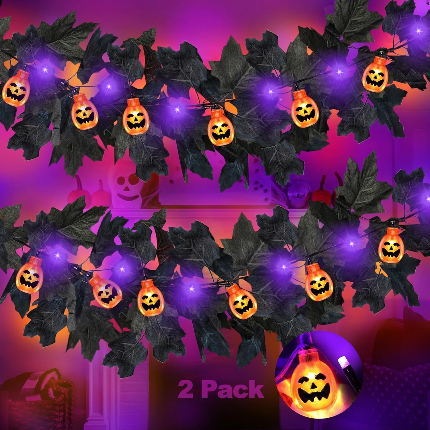 2 Pack Halloween Black Garland with Pumpkins Lights, Halloween Garland with Orange & Purple Lights Timer, Total 40LED 13Ft Black Leaf Hanging Garland Halloween Lights Indoor Halloween Decorations Home