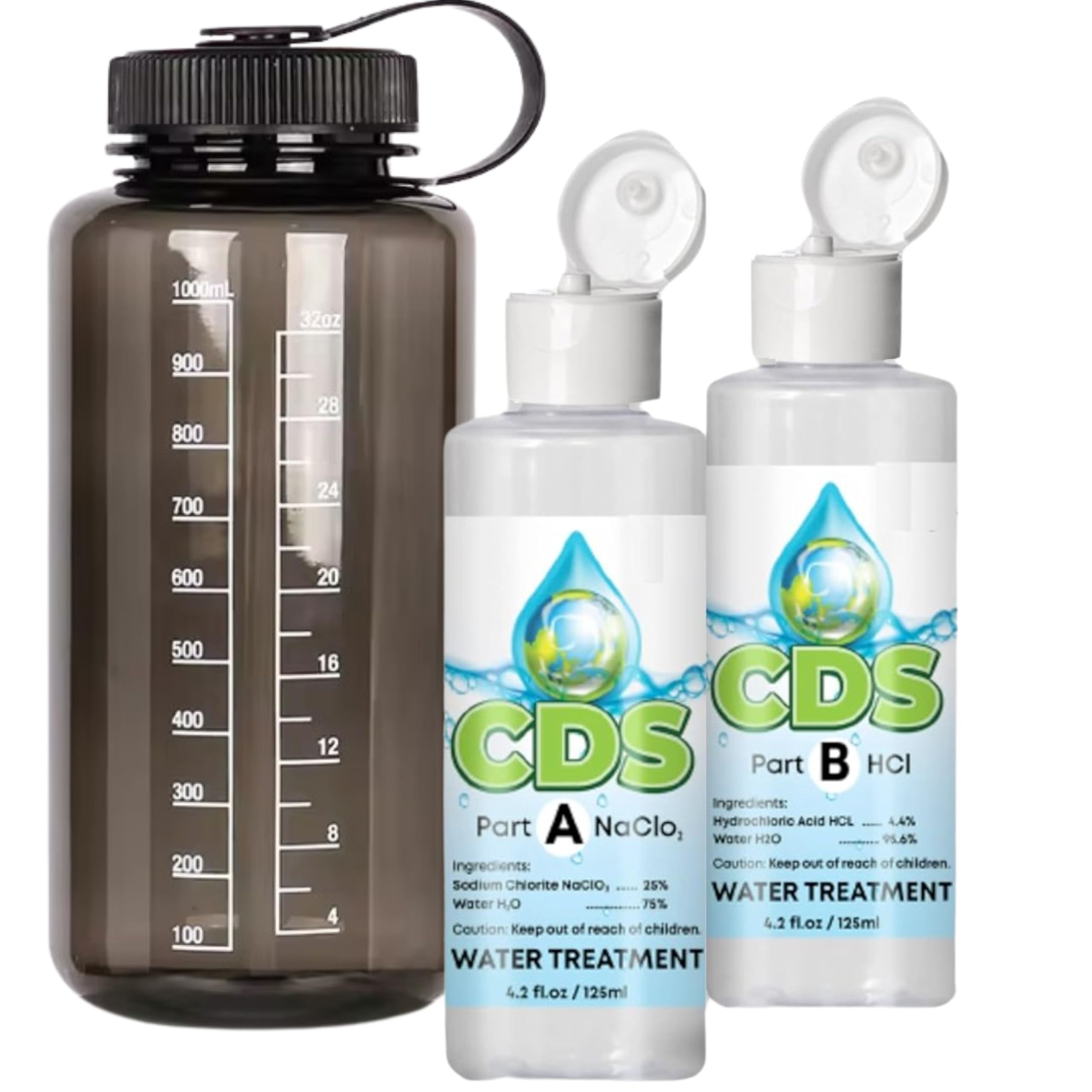 Chlorine Dioxide Set / 4 oz KIT w/Accu-Drop lids / 4.2 oz of HCL and 4.2 oz of Sodium Solution - Includes BPA Free 32 oz Water Bottle | Total 8 oz