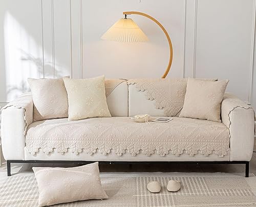 Miniatura 2 de vctops Funda acolchada para sofá de 100 % algodón, con bordado floral, antideslizante, suave, protector de muebles lavable (caqui, 28 x 28 pulgadas)