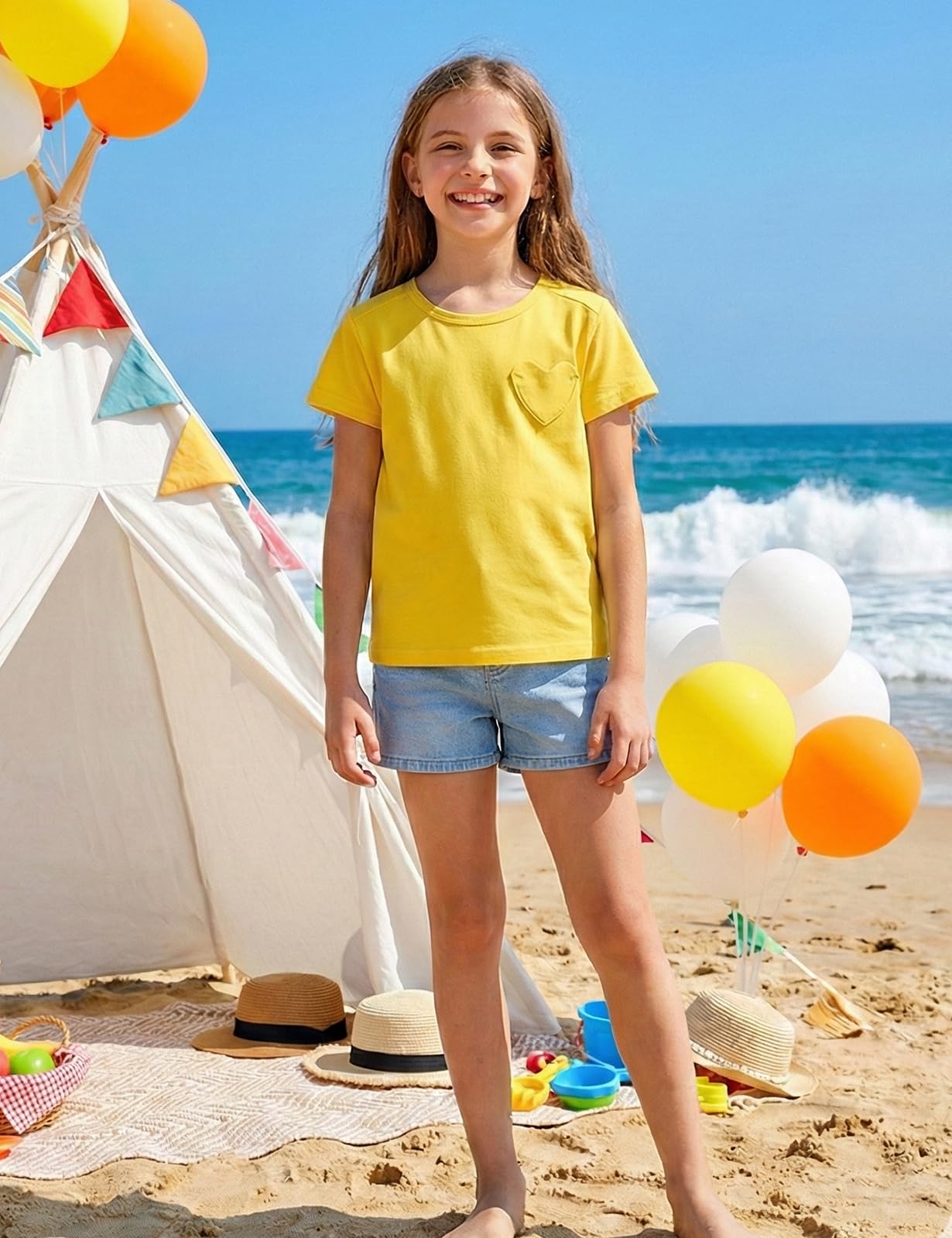 Spring&Gege T-shirt à manches courtes pour fille en coton col rond T-shirt de sport décontracté avec poche en forme de cœur pour l'été Couleur unie Hauts décontractés