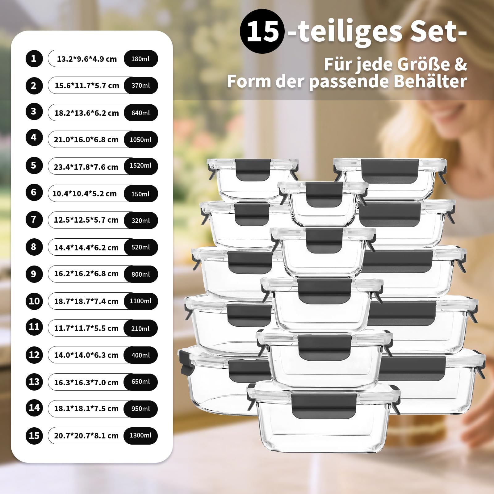 Meal Prep - Juego de 15 recipientes de cristal con tapa a prueba de fugas, para microondas, congelador y lavavajillas, color negro
