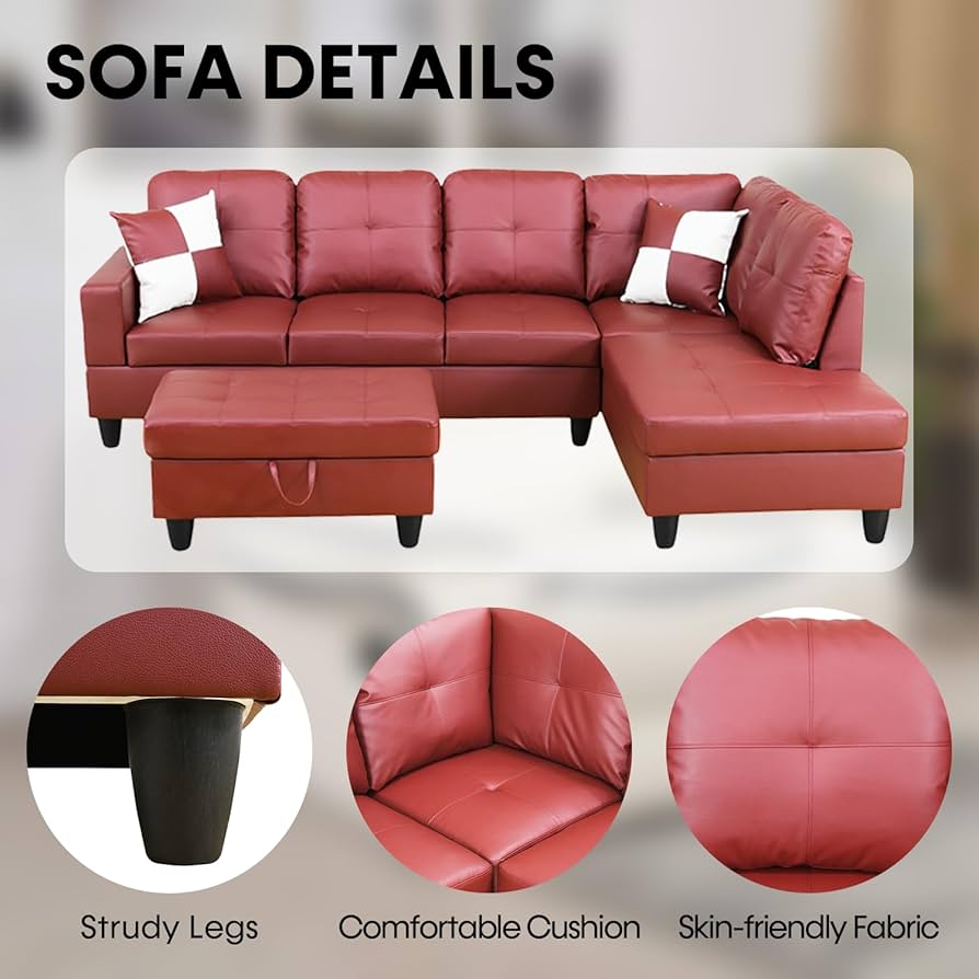 2人掛け・3人掛けソファ Stylish Red Leather Sectional Sofa Amazon.com: LGQLJPLQQ Red Faux Leather 3-Piece Couch Living