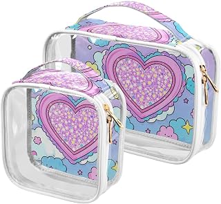 2 Pack clear Cartoon Cute Fake Sequin Heart men toiletry bag TSA approved water-resistant cosmetic travel bag Airport Airline Compliant