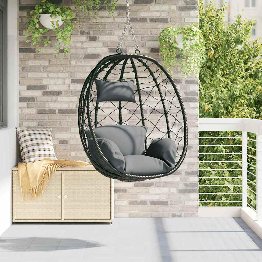 Silla de huevo colgante de polirratán antracita ergonómica 91,5 x 54,5 x 107 cm plegable con cojín y reposacabezas para jardín, balcón, terraza, exterior, relajarse y columpiarse