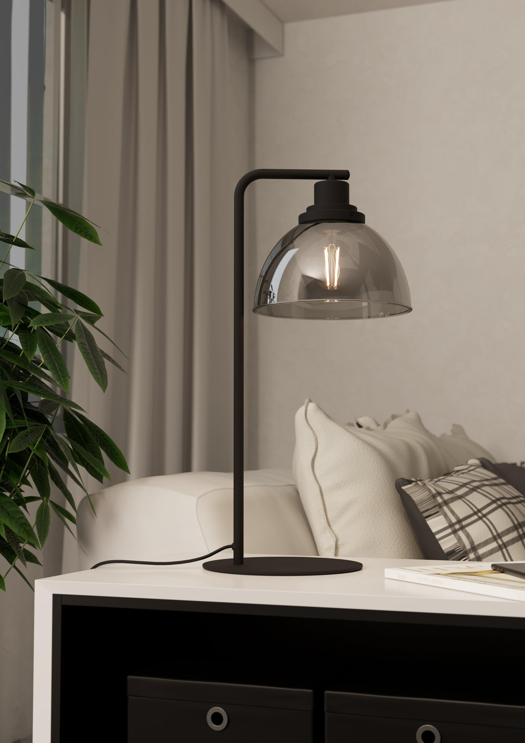 EGLO lampa stołowa Beleser | lampka nocna z przydymionego szkła w kolorze czarno-transparentnym i metalu w kolorze czarnym, oświetlenie z wyłącznikiem do
