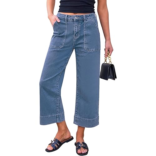 Utyful Capri Jeans for Women Wide Leg Trendy High Waisted Loose Straight Leg Casual Summer Stretchy Denim Capris Pants