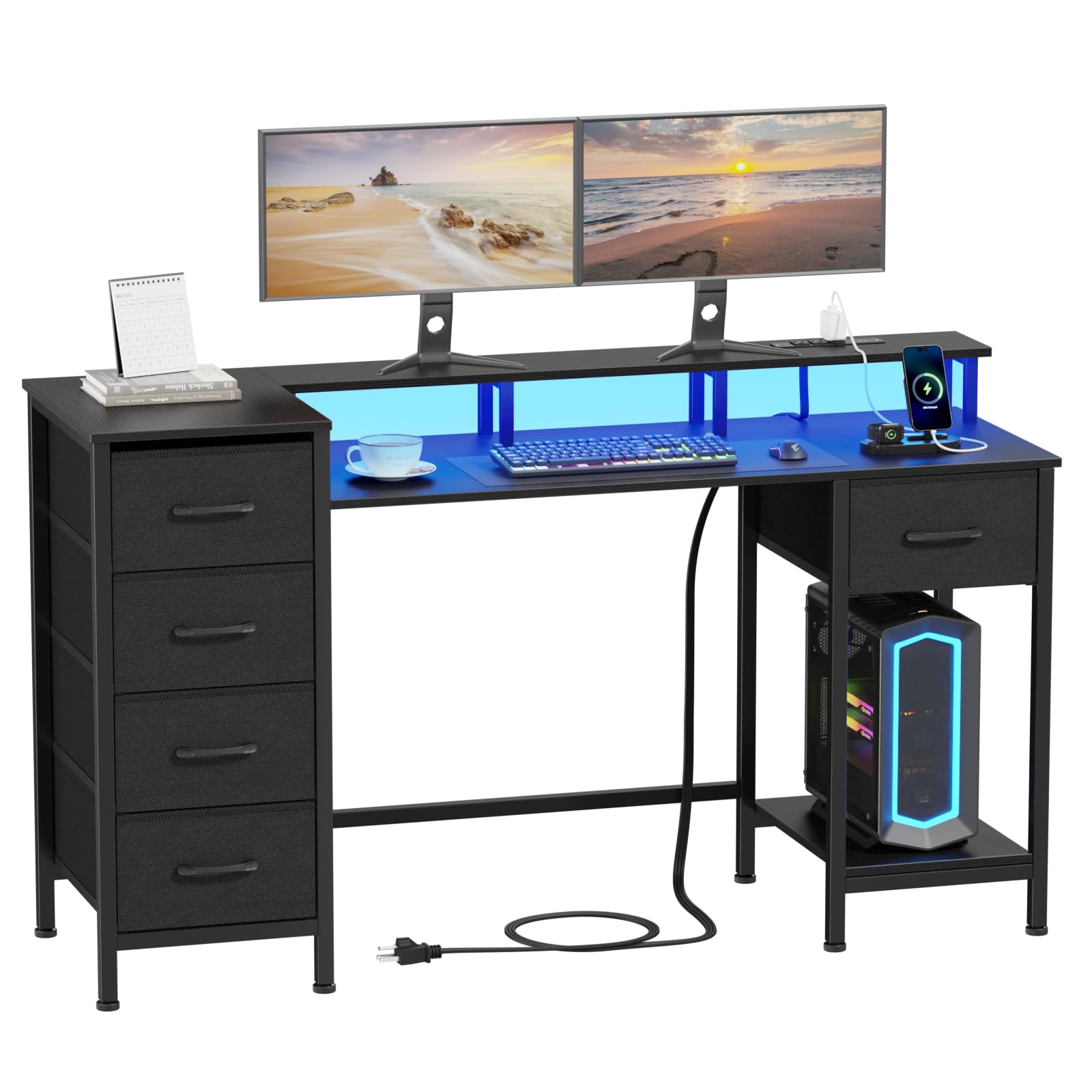 Computer Gaming Desk with Power Outlets & LED Lights, Reversible Home Office Desk with Adjustable Fabric Drawers for Working Writing Study, 47 Inch, Black