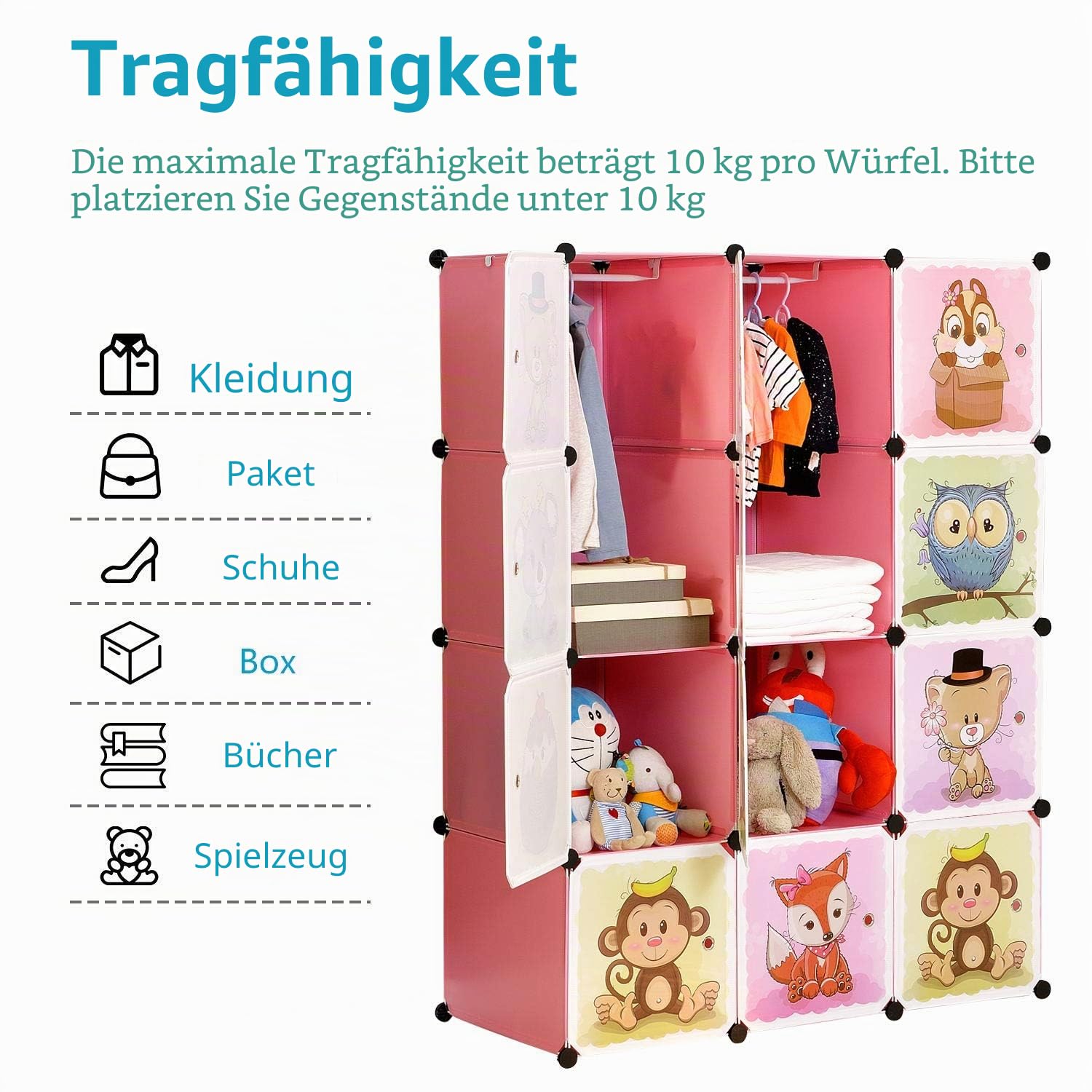 BRIAN & DANY Erweiterbares Kinderregal Kinder Kleiderschrank Stufenregal Bücherregal mit Türen & 2 Aufhängern, Tiefere Fächer als Normal (45 cm vs. 35 cm) für Mehr Platz, 110 x 47 x 147 cm, Rosa