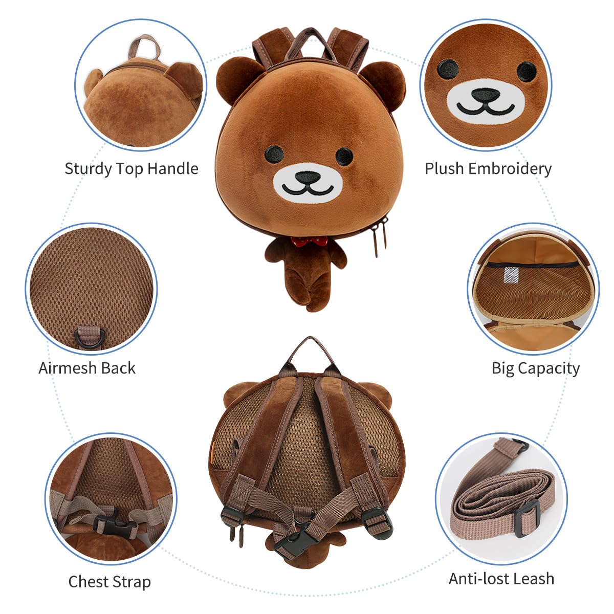 Supercute Little Kids Backpack for 2-6 Years Old, Toddler Lightweight Preschool Backpack with Safety Leash for Boys and Girls (Bear)