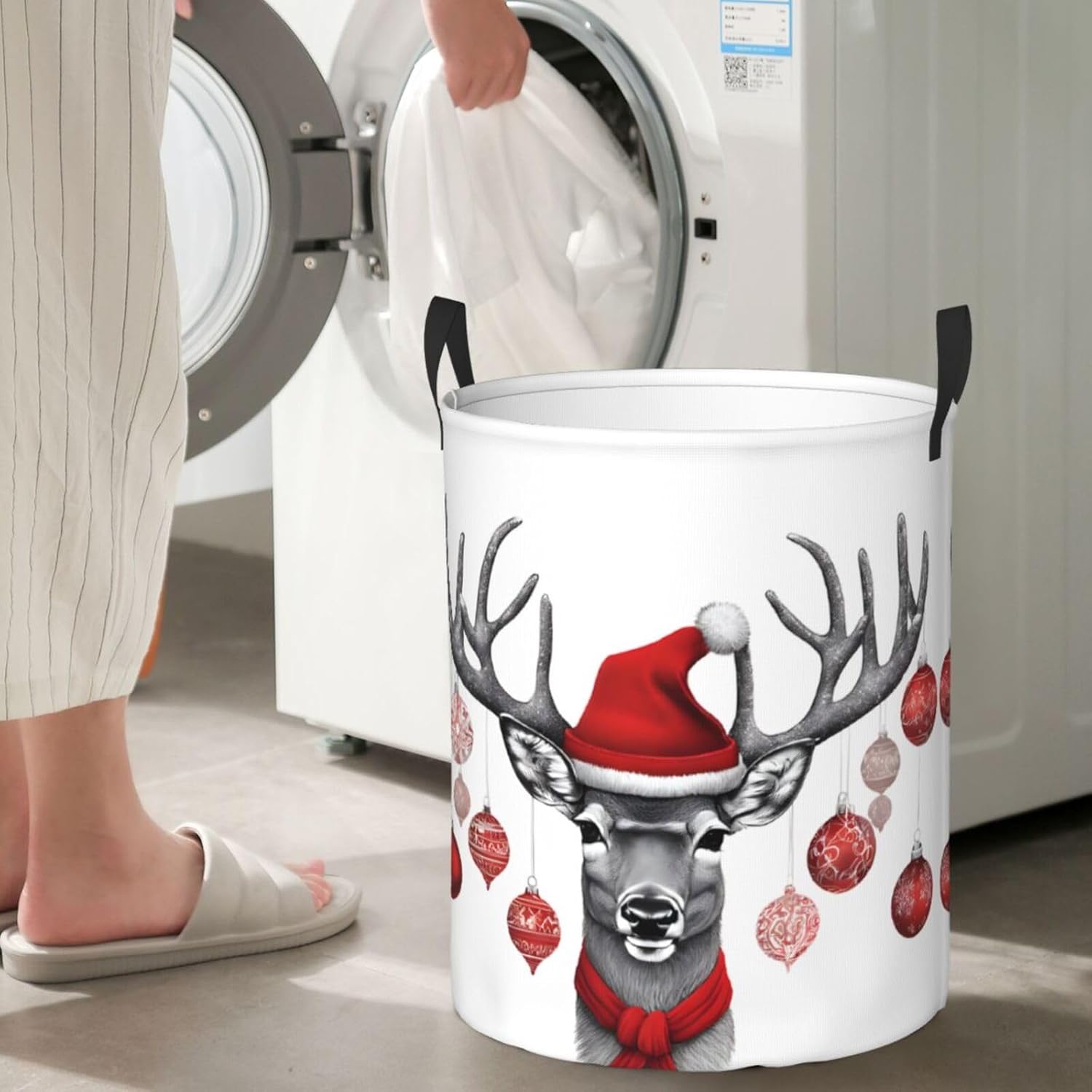 (Funny Christmas Moose) Circular Hamper, Laundry Basket, Storage Baskets Foldable, Storing Toys, Clothes, Books