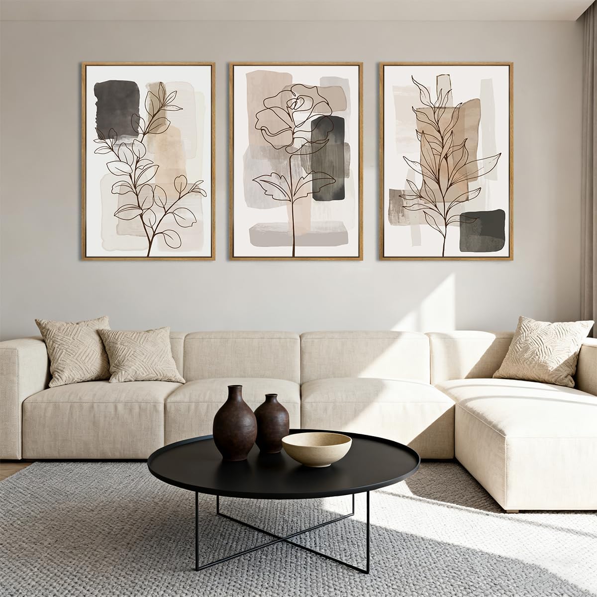 Anyzal Large Framed Neutral Floral Wall Art 16x24 Inch Tan Modern botanical Canvas Wall Decor Minimalist Black Flower Prints for Living room Bedroom Dining room Set of 3 image 3