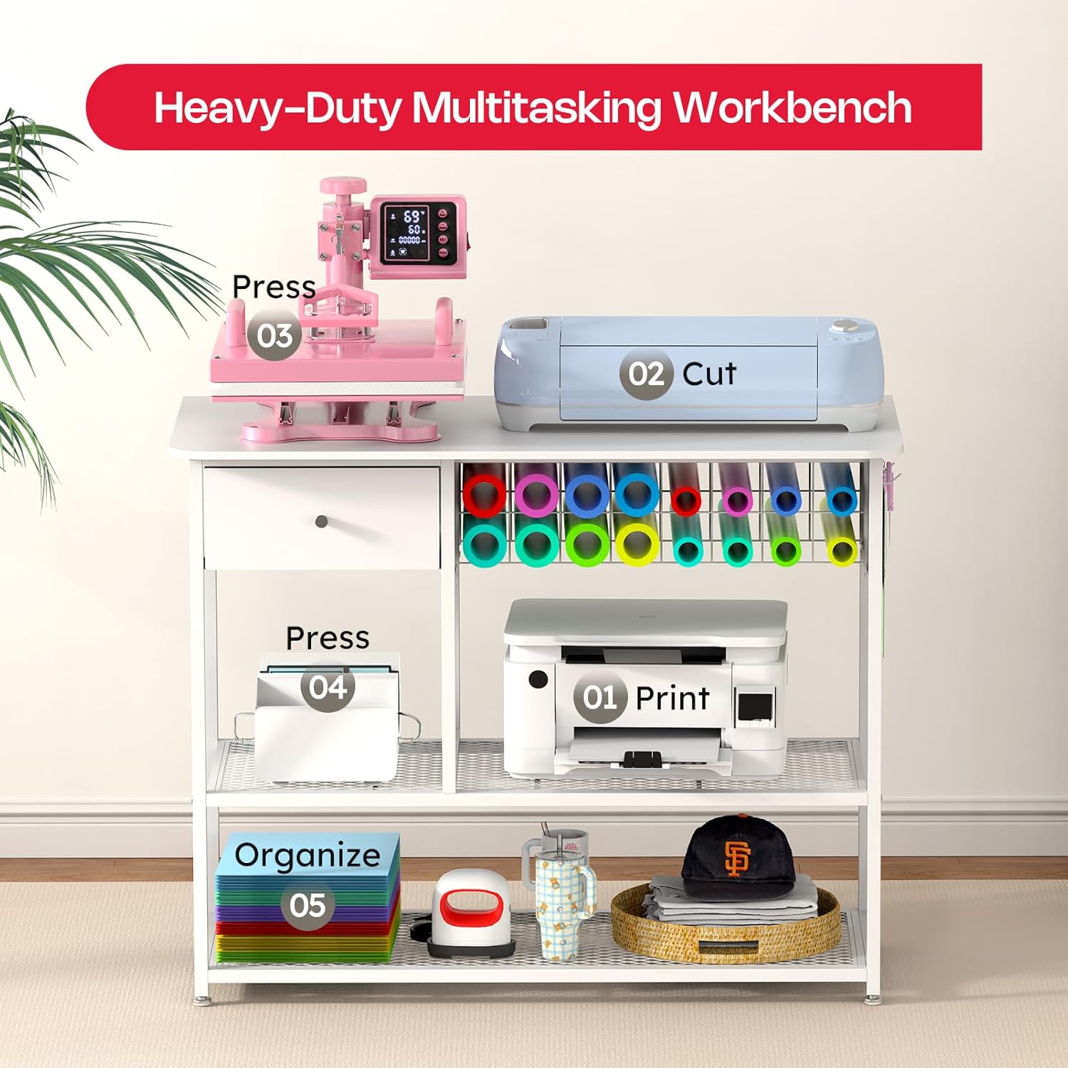 Extra Large Heat Press Table, Heat Press Stand Desk Cart with Vinyl Storage, Multi-Purpose Heavy Duty Metal Workbench for DIY Sublimation, T-Shirts Caps Mug & Tumbler Heat Transfer Projects