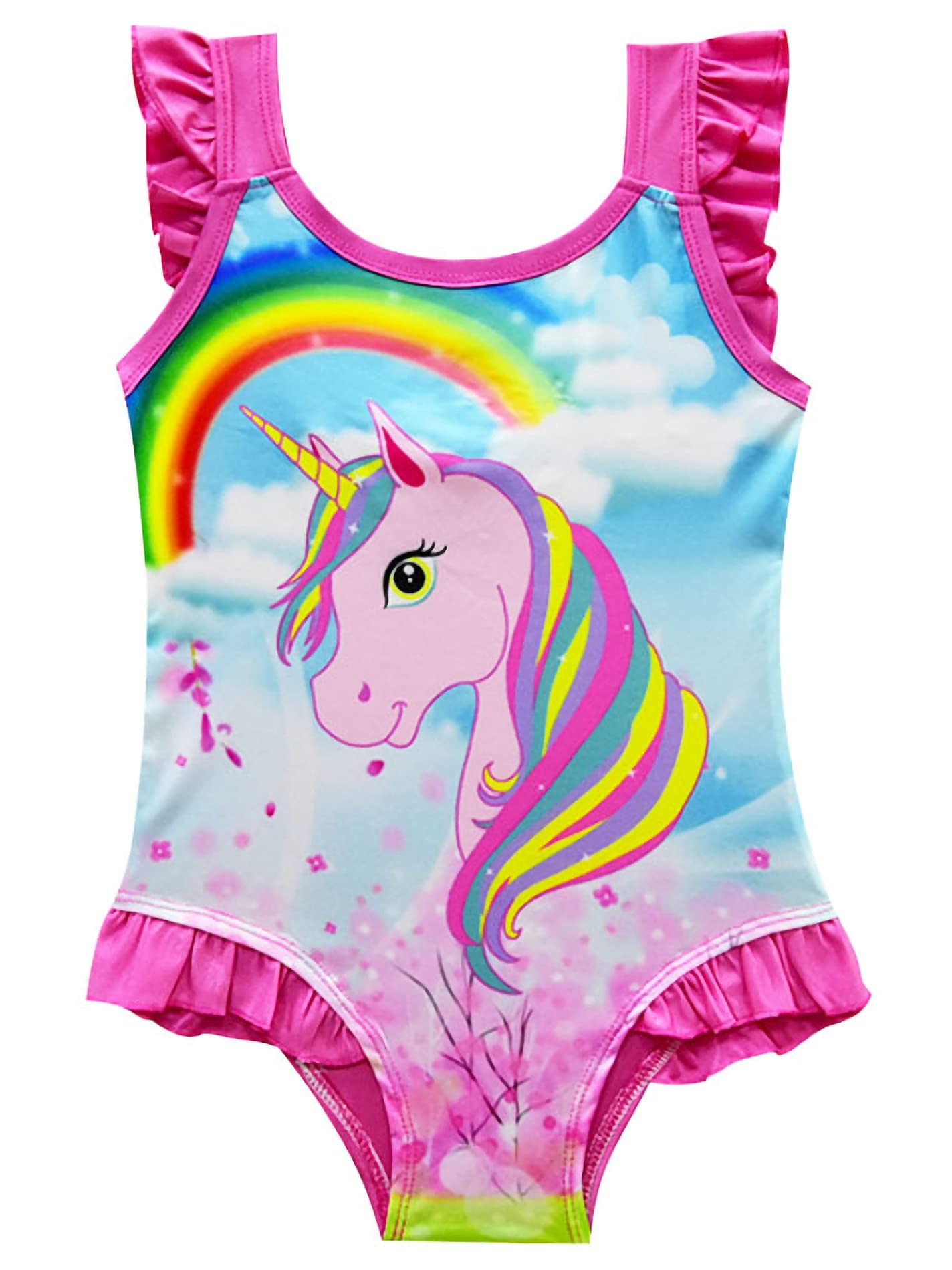 New front Traje de Baño Unicornio de Una Pieza para Niñas Bañador Pony Arcoiris Rainbow Bañadores con Volantes para Piscina Natacion Vacaciones Regalos 3-9 años Niñas