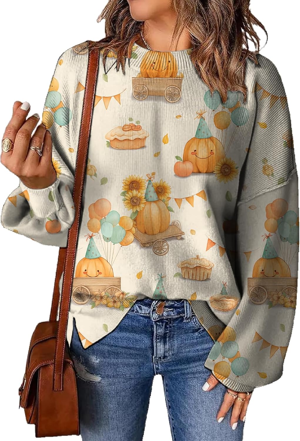 Womens Sweaters Trendy Cute Thanksgiving Print Long Sleeve Pullover Tops Fall Casual Crewneck Comfy Knit Jumper